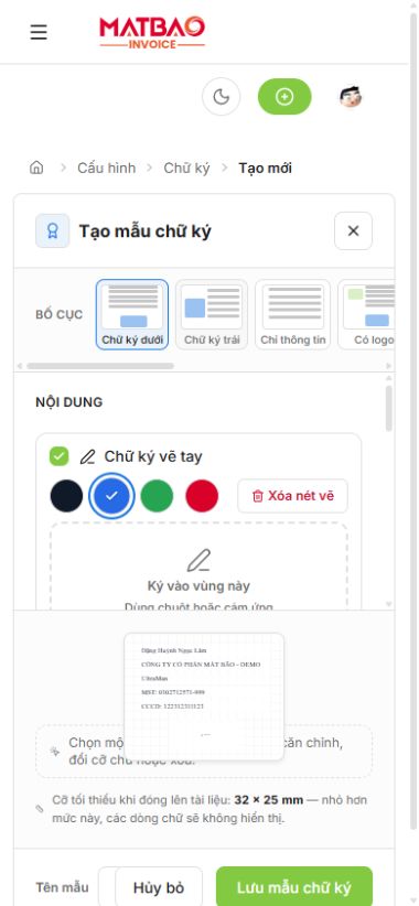 Form tạo mẫu chữ ký trên màn hình điện thoại